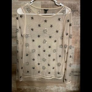 Ann Taylor Embellished Tan Sheer Blouse XS